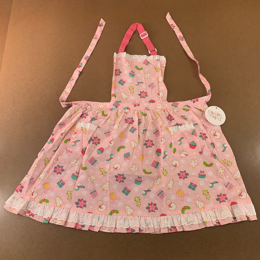 Charlies Project Kids Girls One Size Pink Holiday Printed Cotton Apron NWT